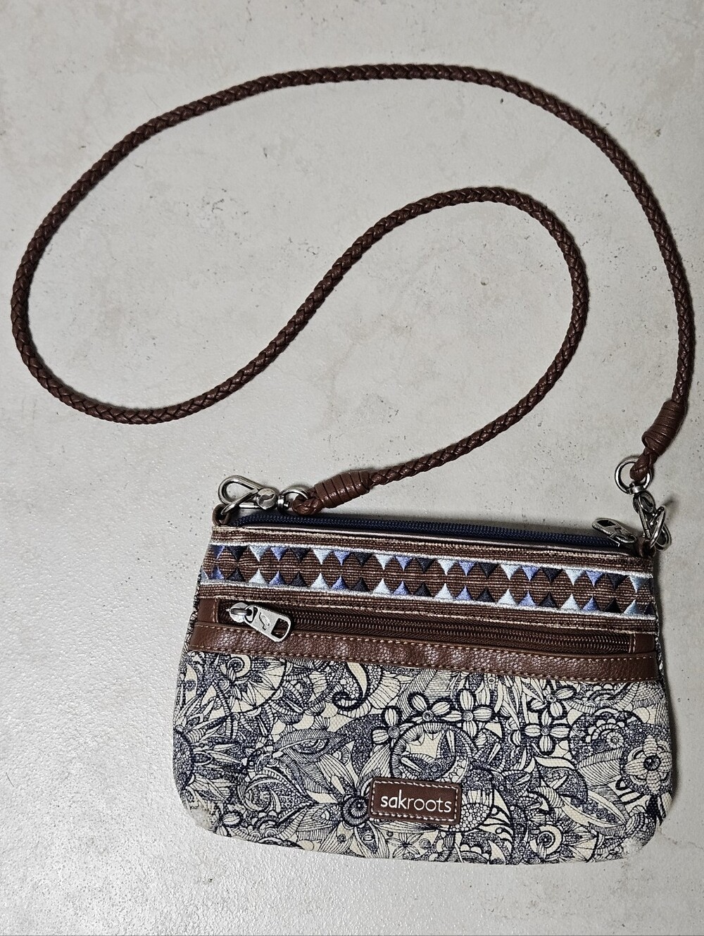 Sakroots Brown & Cream Floral Crossbody Bag Purse Boho Distressed Country